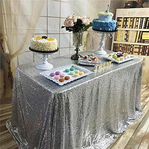 BalsaCircle TRLYC Sequin Rectangular Wedding Sparkly Silver Sequin Tablecloth 90 Inch by 132 Inch